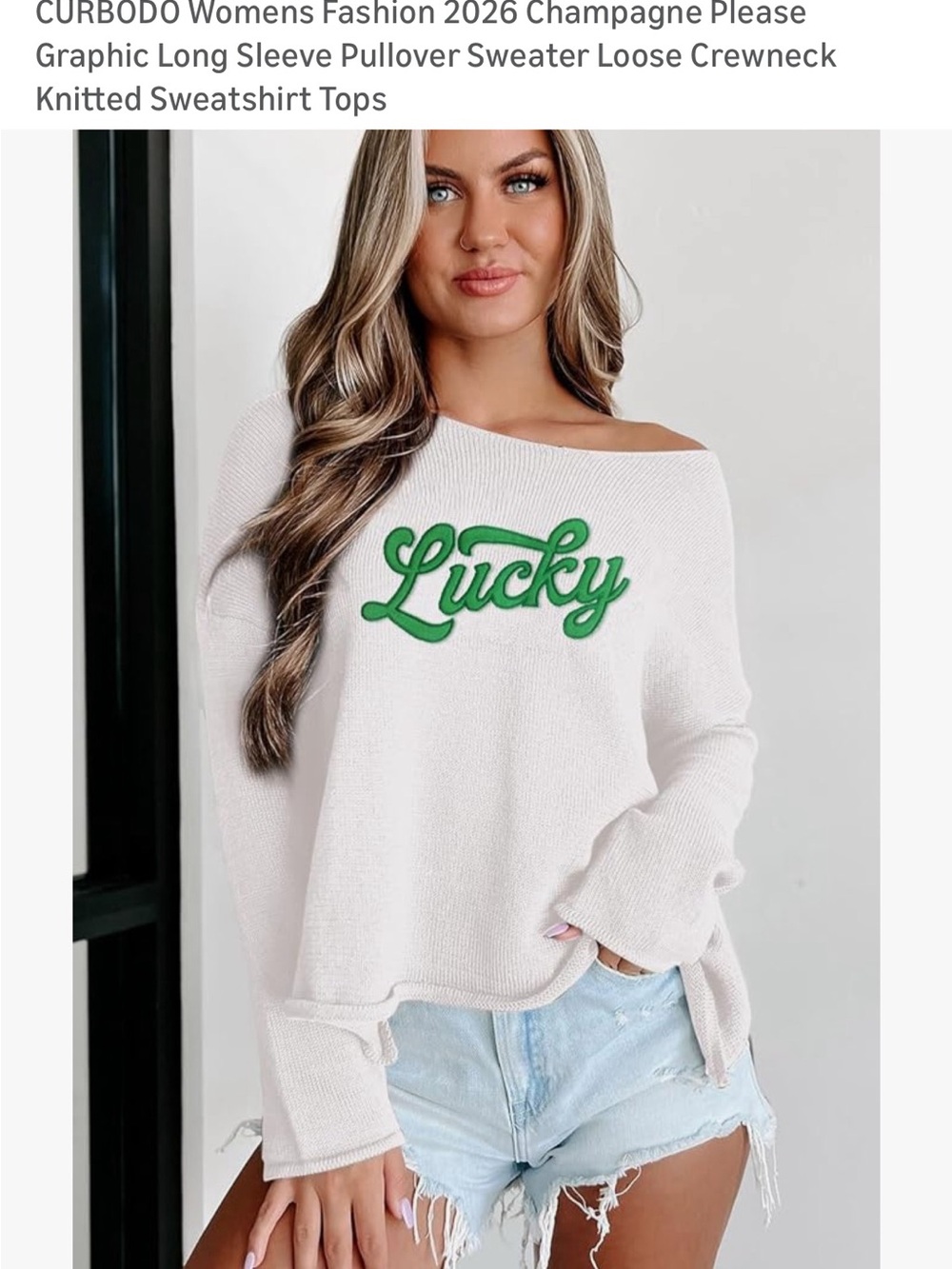 Amazon Cream Off-Shoulder Sweater with Green 'Lucky' Script